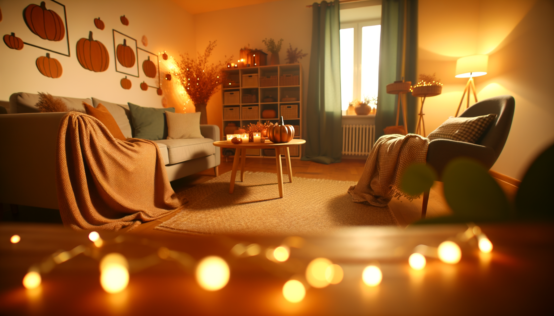 Halloween Party Games for Introverts. Cozy living room with autumn decor and board games for introvert Halloween celebration.