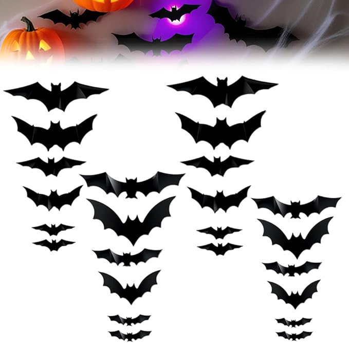 2025 LED 3D lighted glowing bats for Halloween decoration, 24-piece black wall hang set