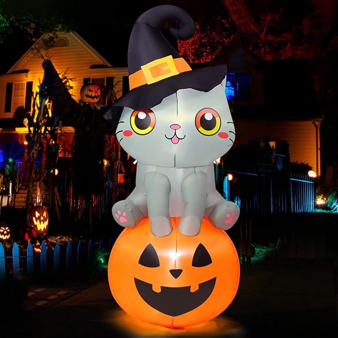 GOOSH 6 FT Halloween inflatables cat outdoor decoration with LED lights on pumpkin, perfect for yard parties and indoor decor.
