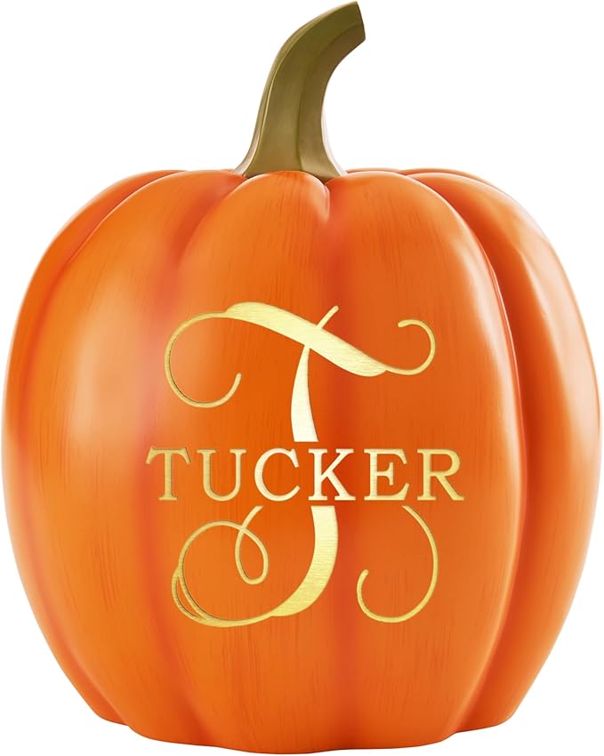Personalized light-up pumpkin decor for Halloween with custom name and initial, perfect for indoor or outdoor decoration.