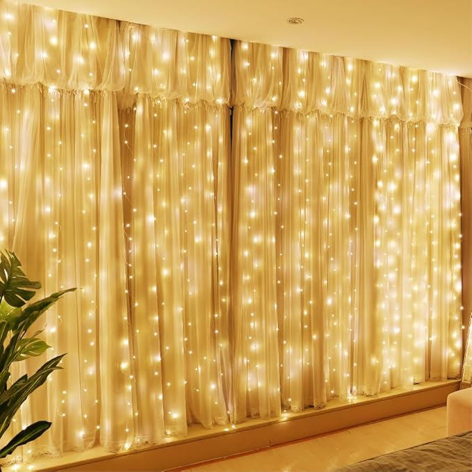 HXWEIYE 300LED Fairy Curtain Lights, 9.8x9.8Ft, Warm White, USB, Remote, 8 Modes, Bedroom Decor, Indoor Outdoor Wedding Party Lighting