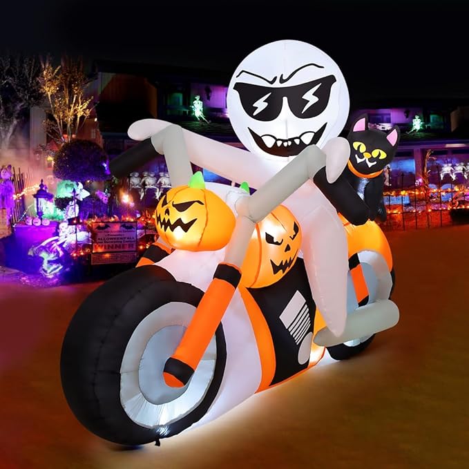 6 FT Halloween Inflatables: LED Ghost Pumpkin Cat Motorcycle for Outdoor Yard Decor
