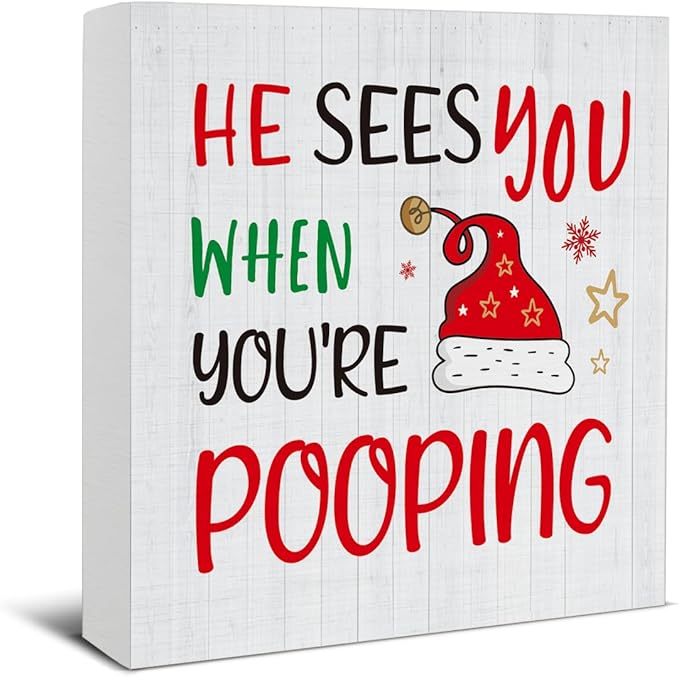 Christmas bathroom decoration, funny wooden sign with holiday humor, festive home decor for shelves and desks