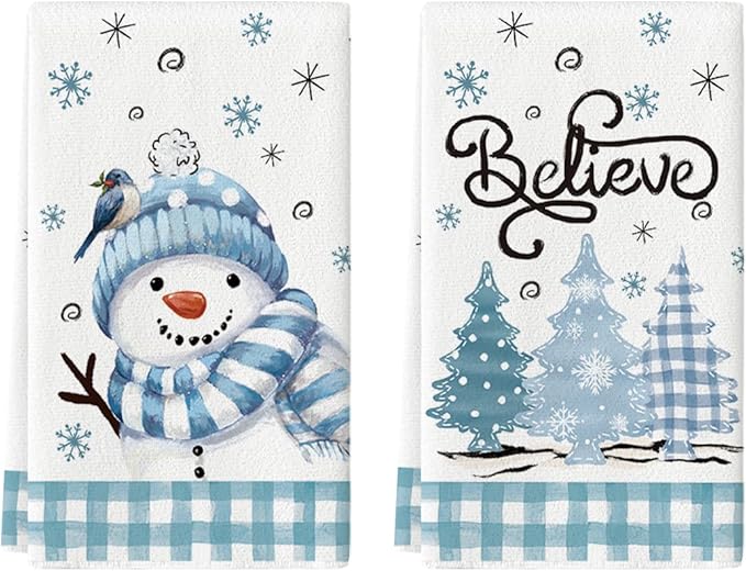 Artoid Mode Christmas kitchen towels, holiday decor, snowman pattern, beige blue festive towels set