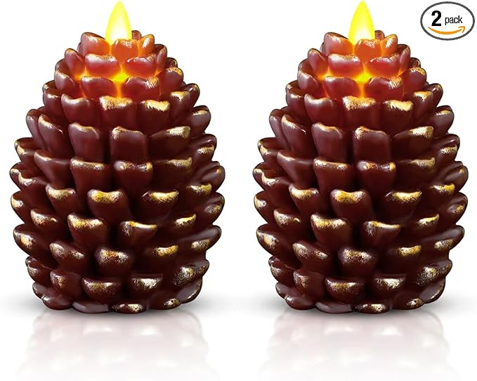 Flameless Christmas Pinecone Candles for Holiday Decor, Cozy Winter Ambiance, Battery Powered, Set of 2.