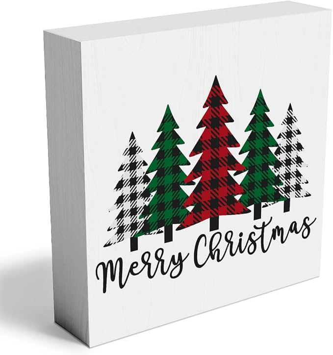 Funny Christmas Trees Wooden Box Sign Plaque, Merry Christmas Rustic Decor, Home Shelf Desk Decorations