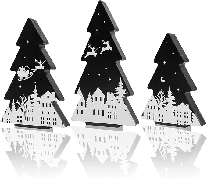 Black and white wooden Christmas tree decor for tabletop party, home holiday design, Xmas elegance