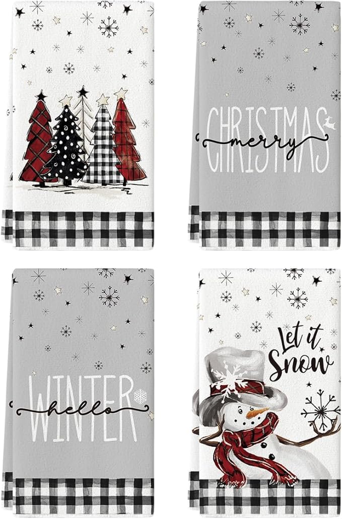 Artoid Mode Black White Buffalo Plaid Snowman Xmas Trees Christmas Kitchen Towels Set of 4, 18x26 Inch, Winter Decoration, High-Quality Dish Towels