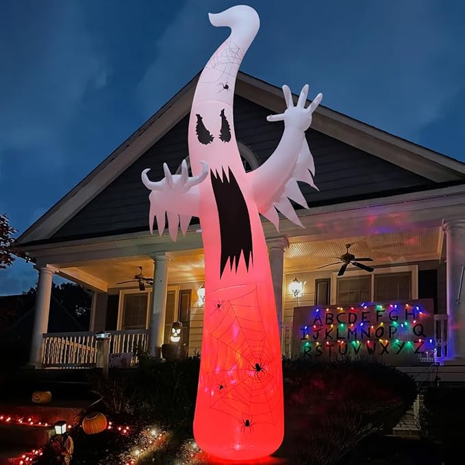 12 FT Halloween Inflatable Ghost Outdoor Decoration with Flame Lamp and LEDs for Garden