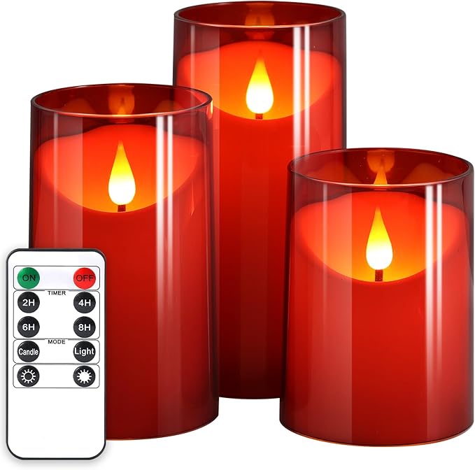 NURADA flameless candles with remote timer, battery-operated LED pillar, wedding and Christmas decor red set