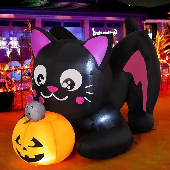 5-foot Halloween inflatable cat decoration with built-in LEDs for yard, garden, and indoor parties