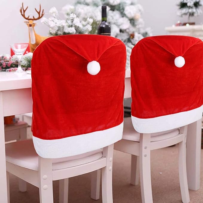 Red Christmas dining chair slipcovers, holiday festival kitchen decor, 4-piece set