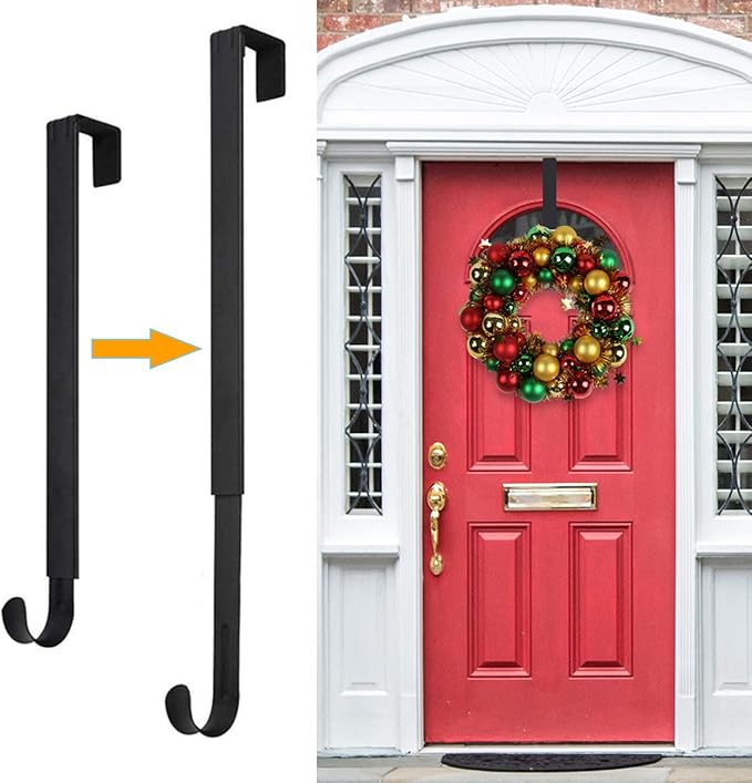 Adjustable wreath hanger for front door, Christmas and Halloween decor, supports 20 lbs, larger doors fit