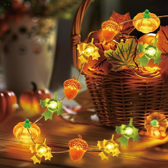 10FT 30 LED Pumpkin Maple Leaf Lights, Battery Operated Fall Decorations for Thanksgiving, Halloween Party, Indoor Outdoor Decor
