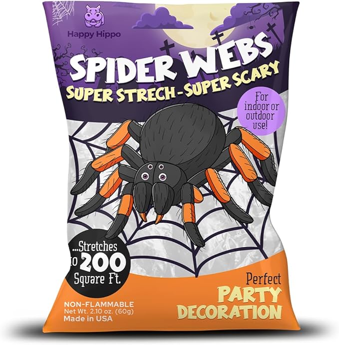 Halloween Spider Web Decoration with 200 Sq Feet of Webbing and 8 Small Fake Spiders. Perfect for Spooky Halloween Party Supplies.