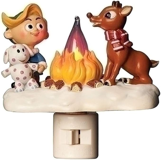 Festive holiday night light with Rudolph and Hermey, Christmas cheer, home decor, flickering light