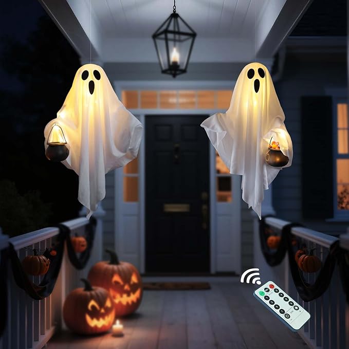Halloween glowing LED ghost decorations battery operated for yard porch garden indoor outdoor decor.
