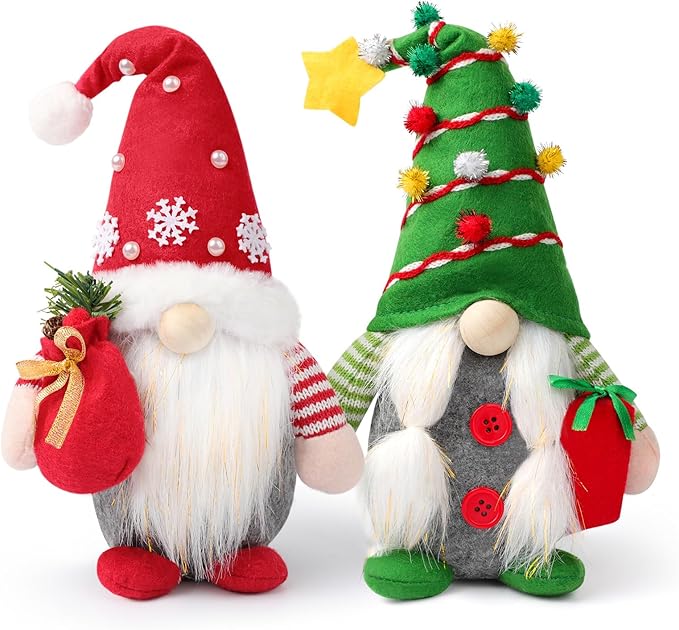 Christmas gnome plush decorations, red and green elf dolls, holiday tabletop decor, Xmas farmhouse ornaments