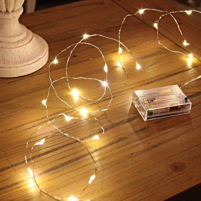 Warm white LED fairy lights for bedroom, Christmas, wedding decoration; battery operated; 16ft copper wire.