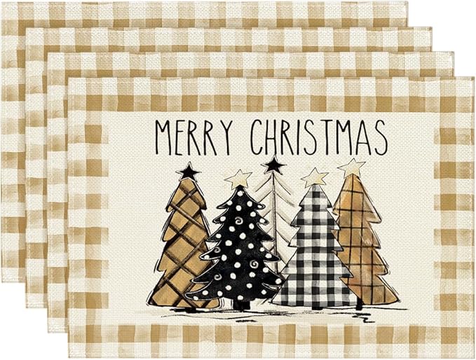 Watercolor buffalo plaid Christmas tree placemats set of 4, winter table mats for party decor