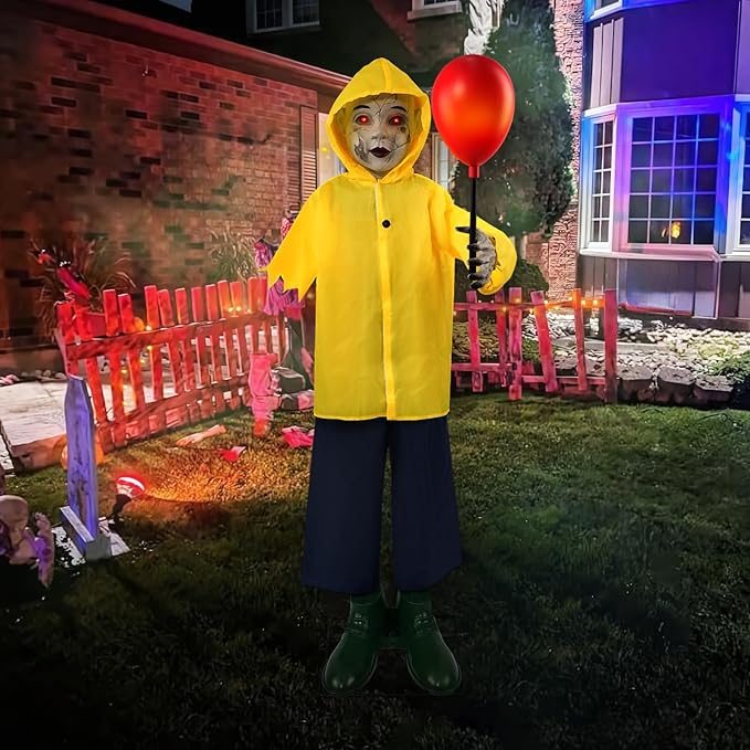 Halloween outdoor decoration, 4 ft life-size animatronic prop with sound and light-up balloon, spooky garden decor.