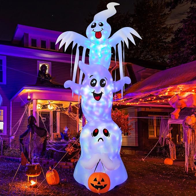 9.8 ft high Halloween inflatable ghost trio with LEDs, perfect for outdoor garden and lawn decor