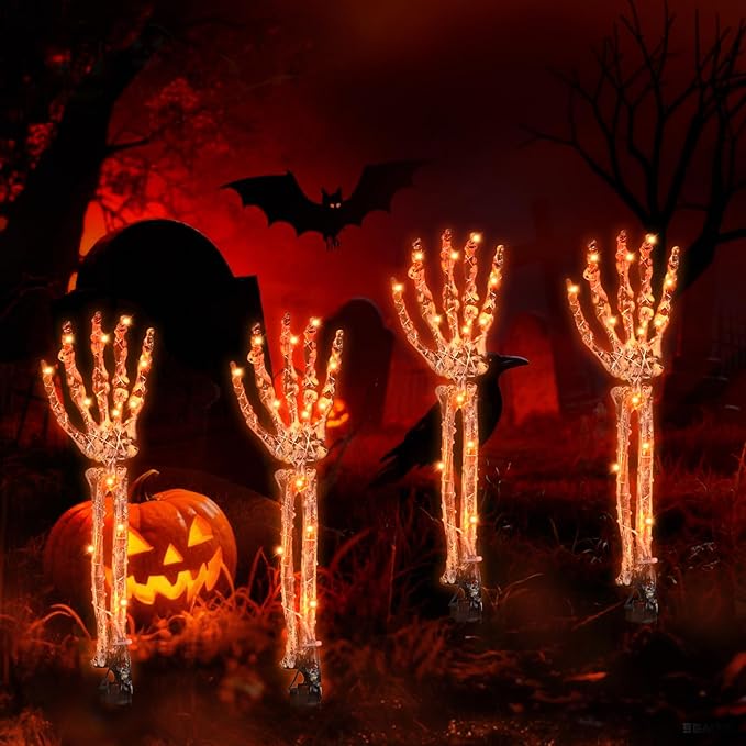 Outdoor Halloween decorations with solar-powered light-up skeleton arms, 120 LED purple and orange lights for porches and gardens.