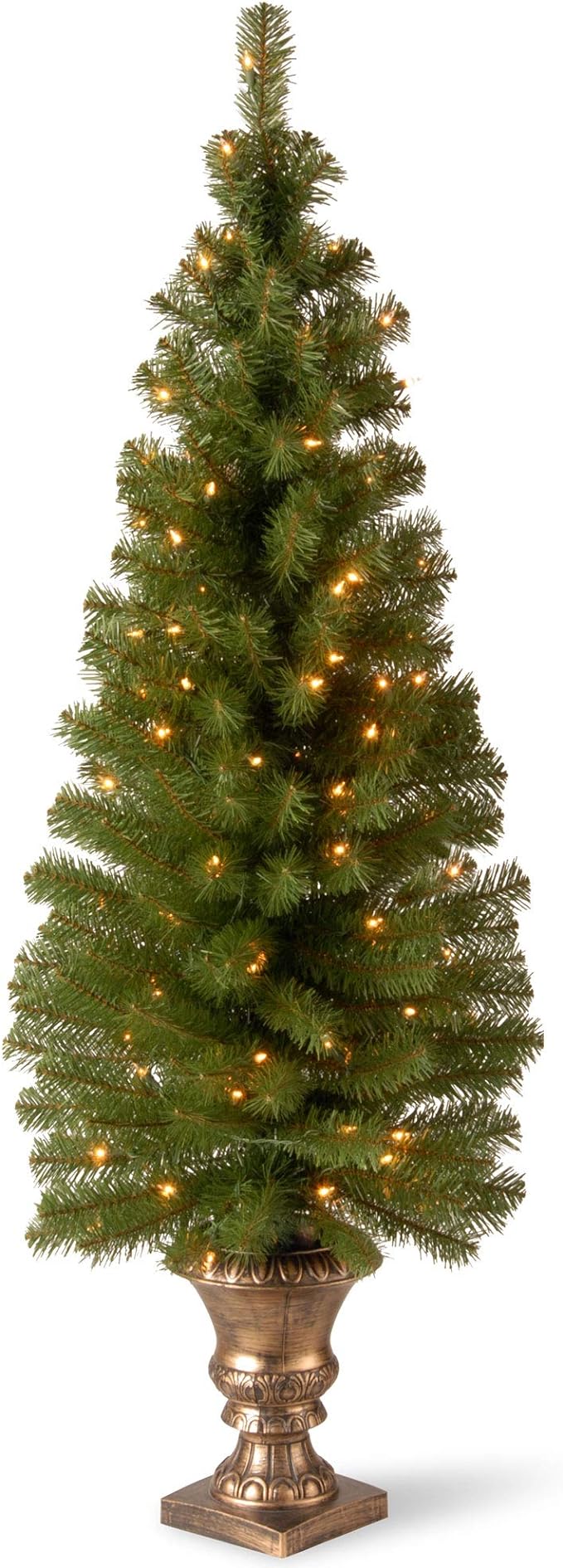 Pre-lit Montclair Spruce artificial Christmas tree with white lights and stand, perfect for holiday entrance decor.