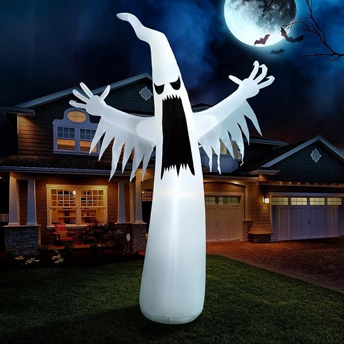12 FT Halloween inflatable ghost with LED lights for outdoor yard decoration, perfect for spooky setups.