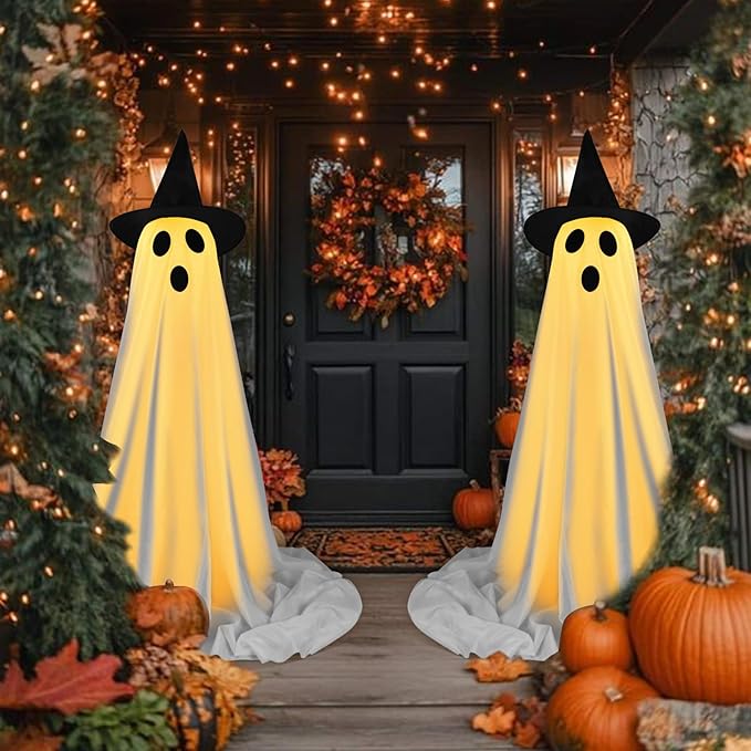 Halloween Decorations Outdoor Indoor Ghosts with Witch Hats LED Light, Scary Home Yard Decor