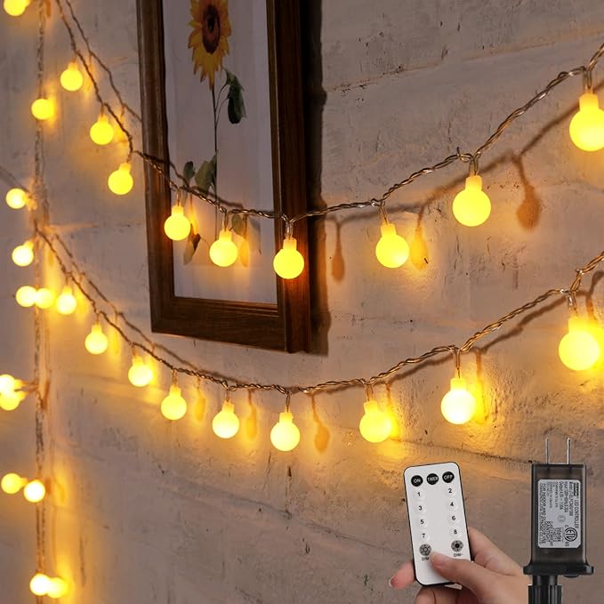Warm white globe string lights, 100 LED mini bulbs, perfect for indoor outdoor decor, weddings, parties.