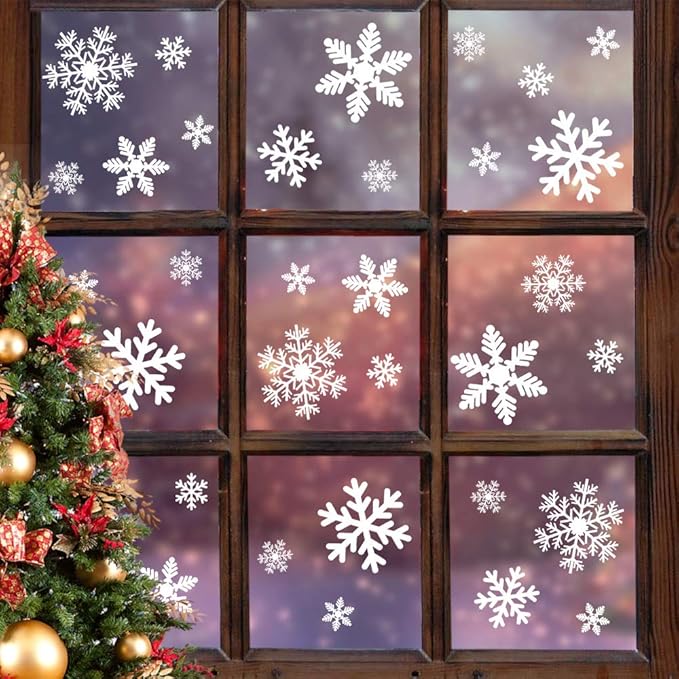 LUDILO 135Pcs Christmas window clings snowflakes static decals for holiday decorations and Xmas party supplies