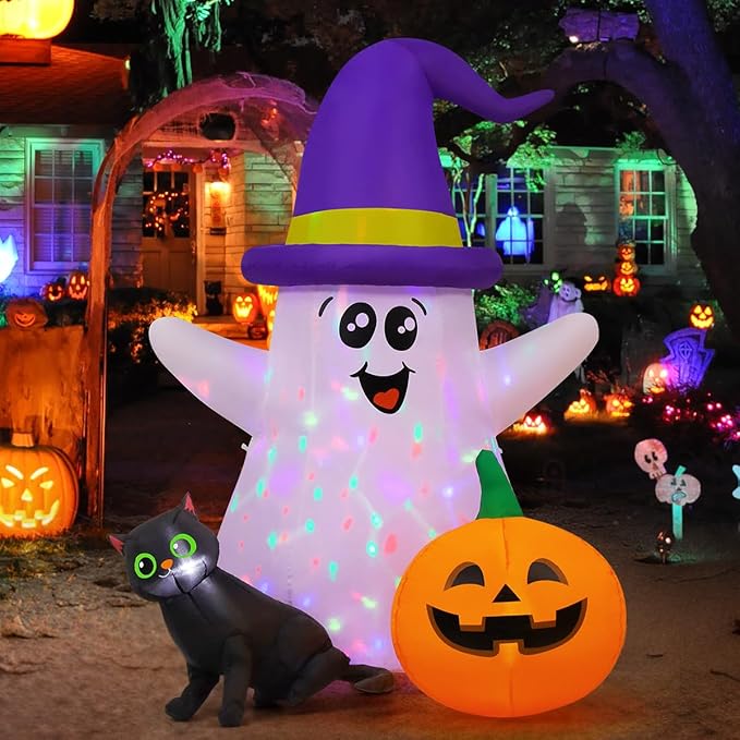 5 FT Halloween inflatable wizard ghost with black cat and pumpkin, outdoor decoration with LEDs