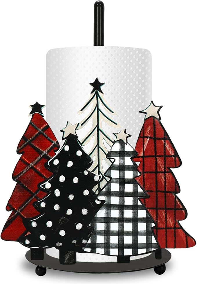 JarThenaAMCS Christmas Paper Towel Holder, Buffalo Plaid Tree Kitchen Decor, Winter Bathroom Metal Stand