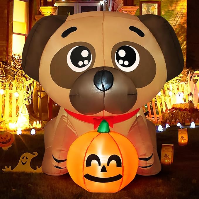 Halloween inflatable pug dog holding pumpkin, LED decor for yard and garden, outdoor party decoration