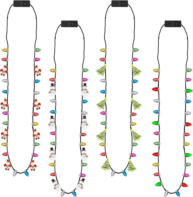 Christmas light-up necklace set with bulb, tree, Santa, and candy cane designs, perfect for parties.