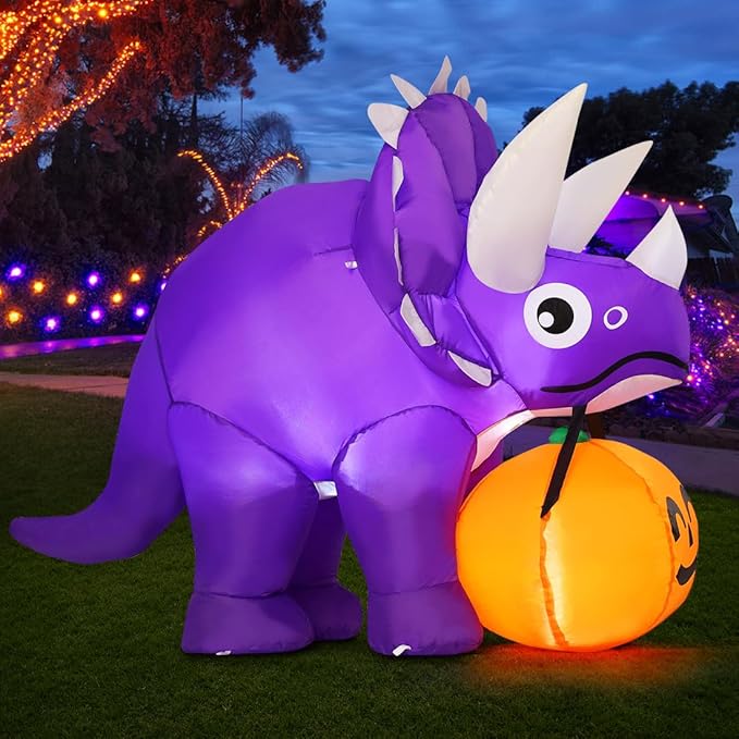 5 FT Halloween Inflatable Dinosaur with Pumpkin and LEDs for Outdoor Decoration