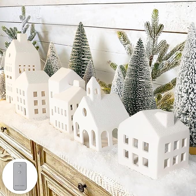 Christmas Village Set, lighted ceramic houses, remote control, indoor holiday decor, farmhouse style, white Xmas decorations.