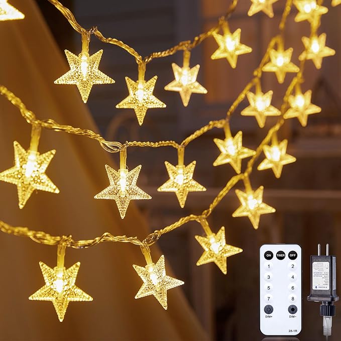 Illuminate your bedroom or patio with 33 ft warm white waterproof LED star string lights.