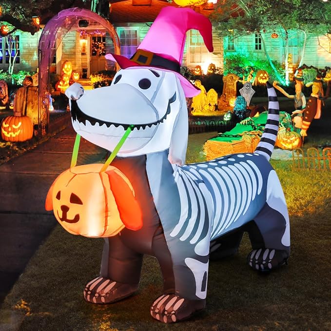 GOOSH 5.5 FT Halloween Skeleton Puppy Inflatable with LEDs and Pumpkin for Yard Decor