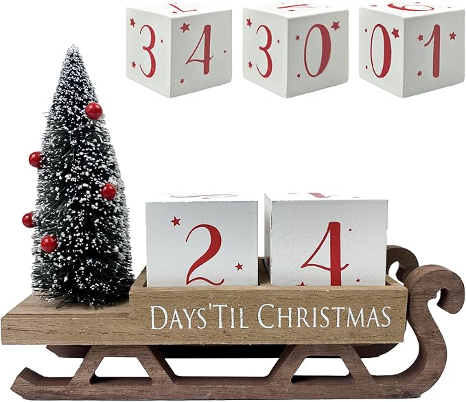 Wooden Christmas countdown blocks Santa sleigh advent calendar rustic farmhouse style holiday décor.