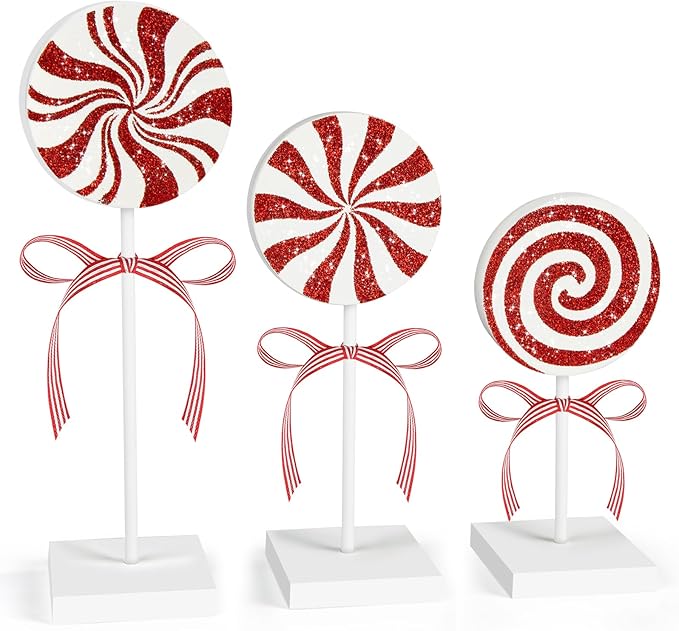 Rustic Christmas tiered tray decorations, red wooden candy table decor for holiday home tables