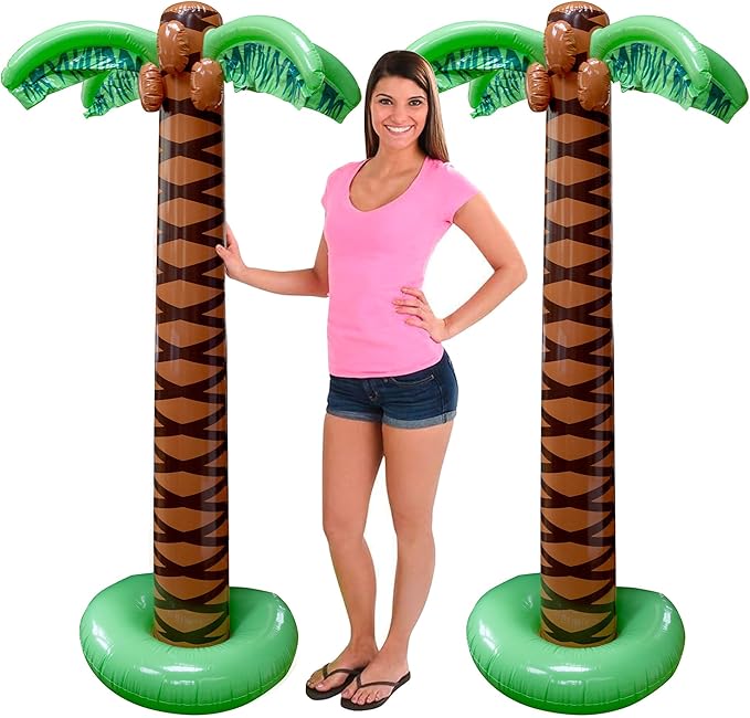 Giant 6-foot inflatable palm trees for luau parties, tropical decor; sturdy and easy to inflate