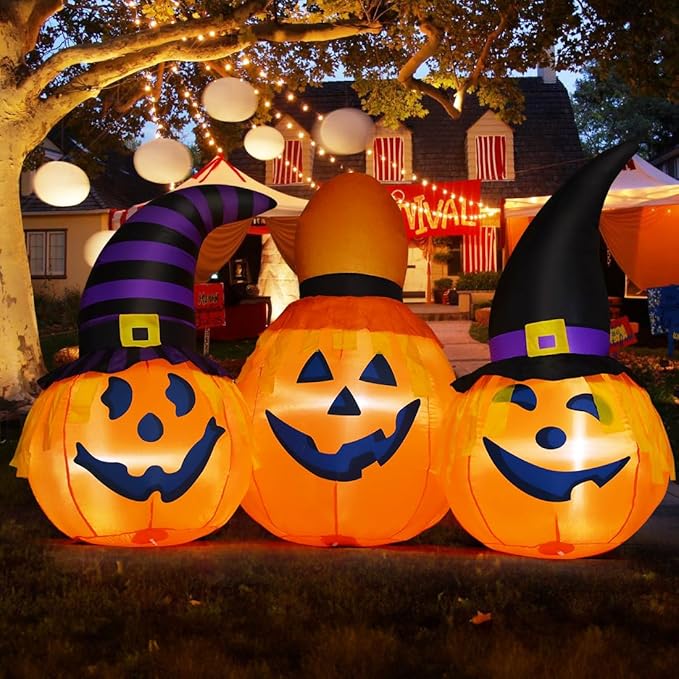 6.5 FT Halloween inflatable pumpkin with wizard hat and LED lights for outdoor decoration