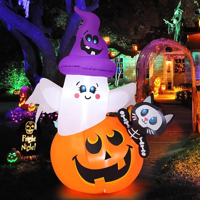 5 FT Halloween inflatable pumpkin, ghost, and cat decorations with built-in LEDs for yard decor