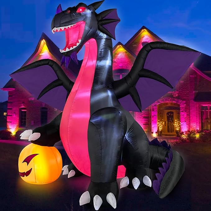 9FT Halloween Inflatable Dragon with Pumpkin, LED Lights, Outdoor Halloween Decoration