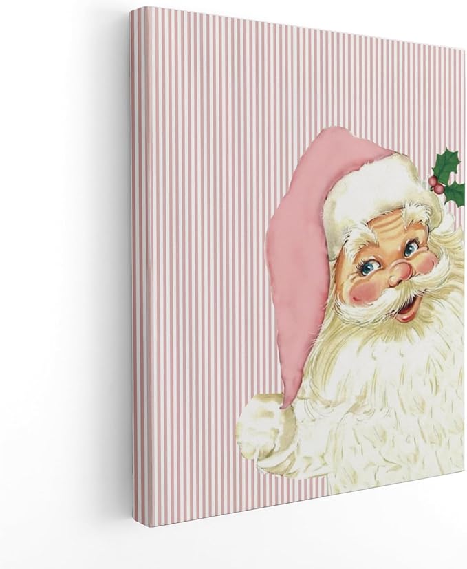 Pink Retro Santa Wall Art for Christmas Decor, 11x14 Framed Poster for Living Room or Bedroom