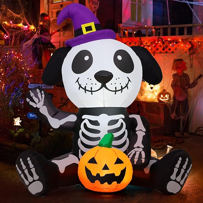 Halloween inflatable skull dog with LEDs for outdoor party decorations, 5FT tall, cute lawn decor.
