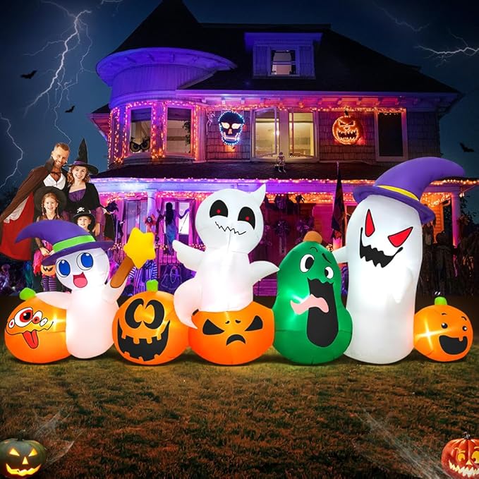 8 FT Halloween inflatable ghost with pumpkin and LED lights for outdoor decoration