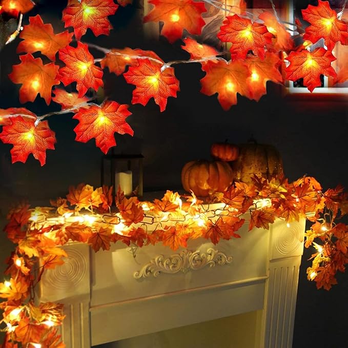 TURNMEON Fall Decor Maple Leaf Lights, 20Ft 40LED, Waterproof Autumn Thanksgiving Halloween Decorations